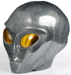 4.3" Hematite Carved Crystal Female Alien Skull, Tiger Eye Eyes, Crystal Healing