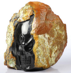 Huge 4.7" Black Zebra Agate Carved Crystal Angry Skull Sculpture, Crystal Healing