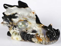 Nice 5.0" Black Zebra Agate Carved Crystal Dragon skull, Labradorite Eyes, Crystal Healing
