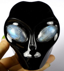 4.0" Black Obsidian Star Being Female Alien Crystal Skull Companion with Labradorite Eyes, and Carved Gemstone Fine Art Sculpture,, Reiki Healing Stone Statue