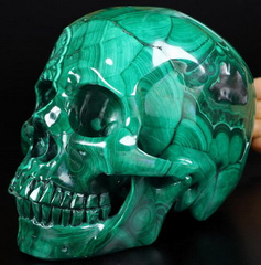 Gemstone 5.9" Malachite Carved Crystal Skull Super Realistic, Crystal Healing