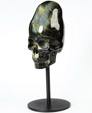 Flash 3.5" Blue & Gold Tiger's Eye Carved Crystal Incan Skull With Stand, Realistic, Crystal Healing