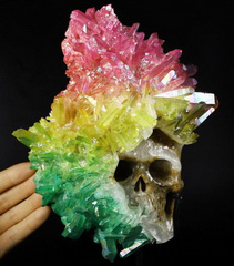 Huge 6.8" Rainbow Aura Quartz Druse Carved Crystal Skull Sculpture, Stand included., Crystal Healing