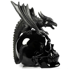 Huge 7.6" Black Obsidian Carved Crystal Skull WIth Western Dragon Sculpture, Crystal Healing