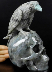 Huge 6.6" Labradorite Carved Crystal Skull with Raven Standing Sculpture, Crystal Healing