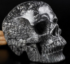 Lifesized 6.5" Black Network Jasper Carved Crystal Skull,Super Realistic, Crystal Healing