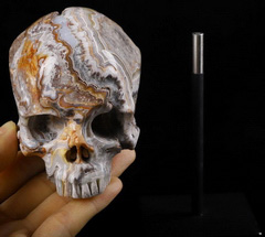 3.8" Red Crazy Lace Agate Carved Crystal Skull With Stand, Realistic, Crystal Healing