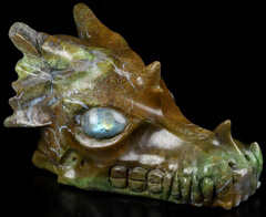 5.7" Green opal Carved Crystal Dragon Skull, Rhodochrosite Eyes, Crystal Healing