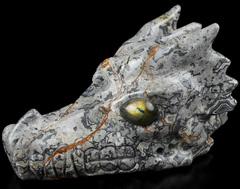 5.3" Crocodile Jasper Carved Crystal Dragon Skull, Labradorite Eyes, Crystal Healing