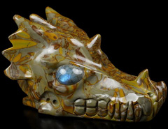 Huge 5.3" Bamboo Stone Carved Crystal Dragon Skull, Labradorite Eyes, Crystal Healing