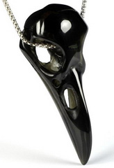 1.8" Black Obsidian Carved Crystal Raven Skull Pendant, Crystal Healing