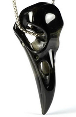 1.8" Black Obsidian Carved Crystal Raven Skull Pendant, Crystal Healing