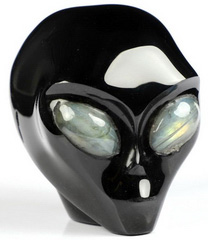 2.0" Black Obsidian Star Being Female Alien, Labradorite Eyes Crystal Skull Companion Reiki Healing Stone Statue