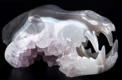 8.0" Agate Amethyst Geode Carved Crystal Wolf Skull, Crystal Healing