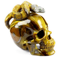 Top Quality Huge 5.0" Gold Tiger's Eye Carved Crystal Skull with Snake,Super Realistic, Silver Head with Garnet Eyes