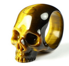 Ring Inside Diameter10(20 mm) Gold Tiger's Eye Carved Crystal Skull Ring, Crystal Healing