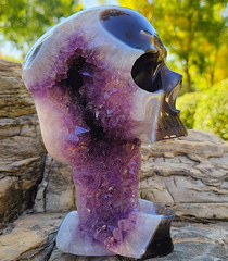 Amazing 8.7" Agate Amethyst Geode Carved Crystal Skull, Crystal Healing