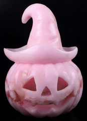 Happy Halloween 6.3" Pink Aragonite Carved Crystal Pumpkin Skull, Crystal Healing