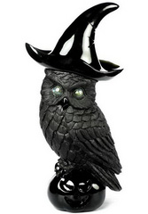 Happy Halloween 7.9" Black Obsidian Carved Crystal Magic Hat Owl with Labradorite Eyes& Pumpink