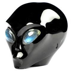 2.0" Black Obsidian Star Being Female Alien, Labradorite Eyes Crystal Skull Companion Reiki Healing Stone Statue