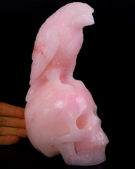 7.2" Pink Aragonite Carved Crystal Skull & Raven Sculpture, Crystal Healing