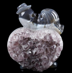 5.5" Amethyst & Agate Carved Crystal Skull Lovers with Heart Stand, Crystal Healing