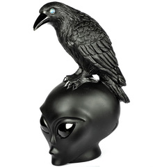 7.3" Black Obsidian Carved Crystal Female Alien Skull & Raven, Labradorite Eyes
