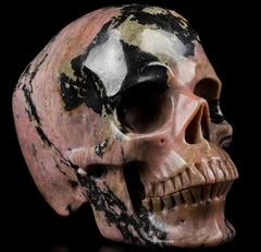 Huge 5.0" Pink & Black Rhodonite Carved Crystal Skull,Super Realistic, Crystal Healing