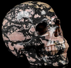 5.1" Pink & Black Rhodonite Carved Crystal Skull, Realistic, Crystal Healing