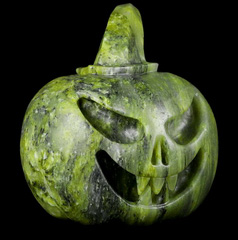 Huge 4.8" Serpentine Marble Carved Crystal Pumpkin Skull, Crystal Healing