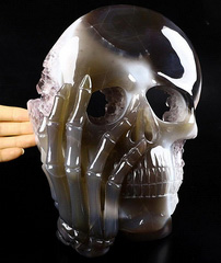 GEODE 8.3" Amethyst & Agate Carved Crystal Thinking Skull, Hand Bones, Crystal Healing