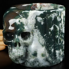 8.5" Green Moss Agate Carved Crystal Skull Storage, Crystal Healing