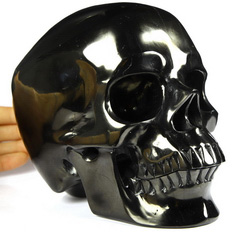 Lifesized 6.9" Jet Carved Crystal Skull,Super Realistic, Crystal Healing