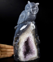 9.5" Agate Amethyst Geode Carved Crystal Skull & Owl, Crystal Healing