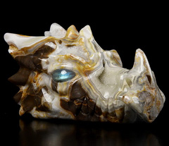 Gemstone 5.5" Crazy Lace Agate Carved Crystal Dragon Skull, Labradorite Eyes