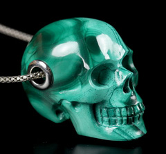 Gemstone 1.1" Malachite Carved Crystal Skull Pendant With 925 Sterling Silver, Crystal Healing