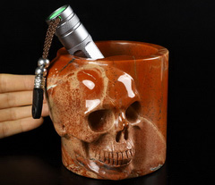 4.5" Red Jasper Carved Crystal Skull Storage, Coffee Jar、Pen Container, Crystal Healing