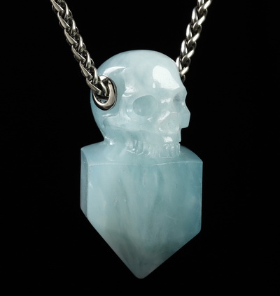 Gemstone 1.8" Aquamarine Carved Crystal Skull Pendant With 925 Sterling Silver, Crystal Healing