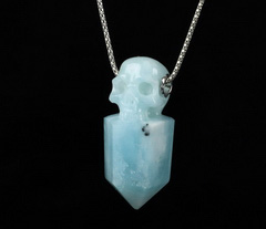 Gemstone 1.6" Aquamarine Carved Crystal Skull Pendant With 925 Sterling Silver, Crystal Healing
