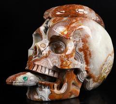 AWESOME 6.6" Red Crazy Lace Agate Carved Crystal Skull & Snake, Malachite Eyes