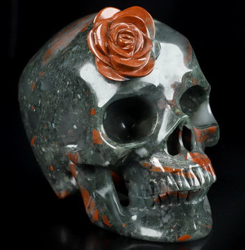 5.1" African Bloodstone Carved Crystal Skull & Rose, Carved From One Piece Stone