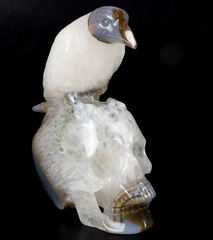 Amazing 6.5" Agate Geode Carved Crystal Skull & Raven Sculpture, Crystal Healing