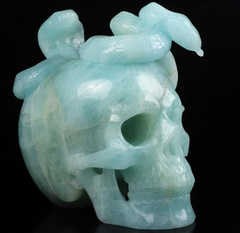 Gemstone 5.7" Aquamarine Carved Crystal Skull & Snakes, Crystal Healing