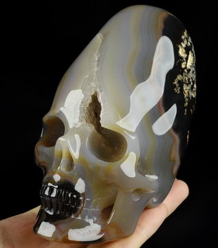 5.3" Premium Brazilian Agate Geode Carved Crystal Incan skull with Stand, Crystal Healing