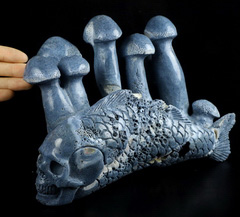 Origianl 9.5" Blue Sponge Coral Carved Crystal Skull & Mushroom, Crystal Healing