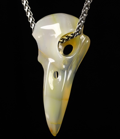 Necklace of 2.4" Agate Hand Carved Crystal Skull Pendant, Skull Jewelry