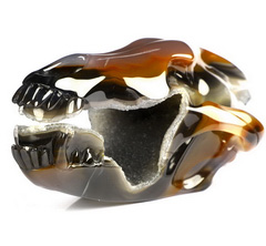AMAZING GEODE 6.3" Premium Brazilian Agate Carved Crystal Wolf skull, Crystal Healing