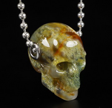 Necklace of 1.2" Green Moss Agate Carved Crystal Skull Pendant with 925 Sterling Silver Chain,Realistic, Crystal Healing