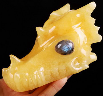 5.0" Beeswax Jade Carved Crystal Dragon Skull with Labradorite Eyes, Realistic