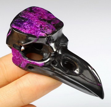 Gemstone 2.2" Sugilite Carved Crystal Raven Skull Pendant with 925 Silver Chain, Crystal Healing